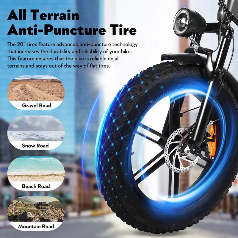 E20 20-Inch Fat Tire Electric Bike, 1000W Rear Motor, Dual Suspension, 48V 15Ah Battery