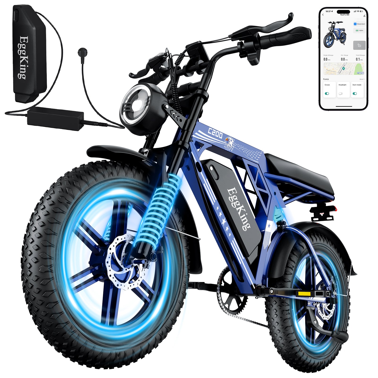 C200 Bicicletta Elettrica con Pneumatici Grandi da 20 Pollici, 1000W, Batteria da 48V 17.5Ah, Doppia Sospensione & Shimano a 7 Velocità