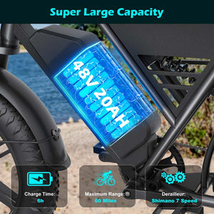 G60 20×4 Inch Fat Tire Electric Bike, 1000W Rear Motor, 48V 20Ah Battery