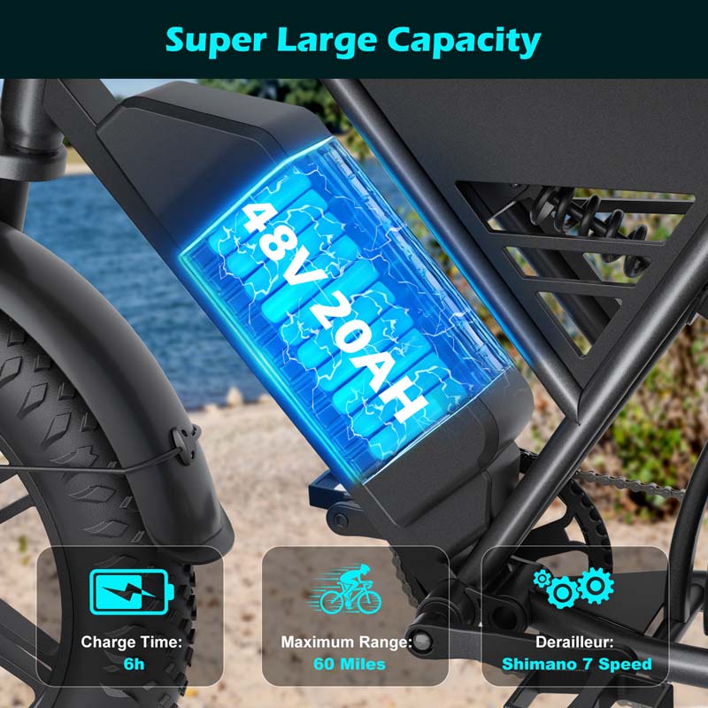 G60 20×4 Inch Fat Tire Electric Bike, 1000W Rear Motor, 48V 20Ah Battery