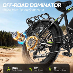 F26 26×4 Inch Fat Tire Electric Bike, 1000W Rear Motor, 48V 15.6Ah Battery